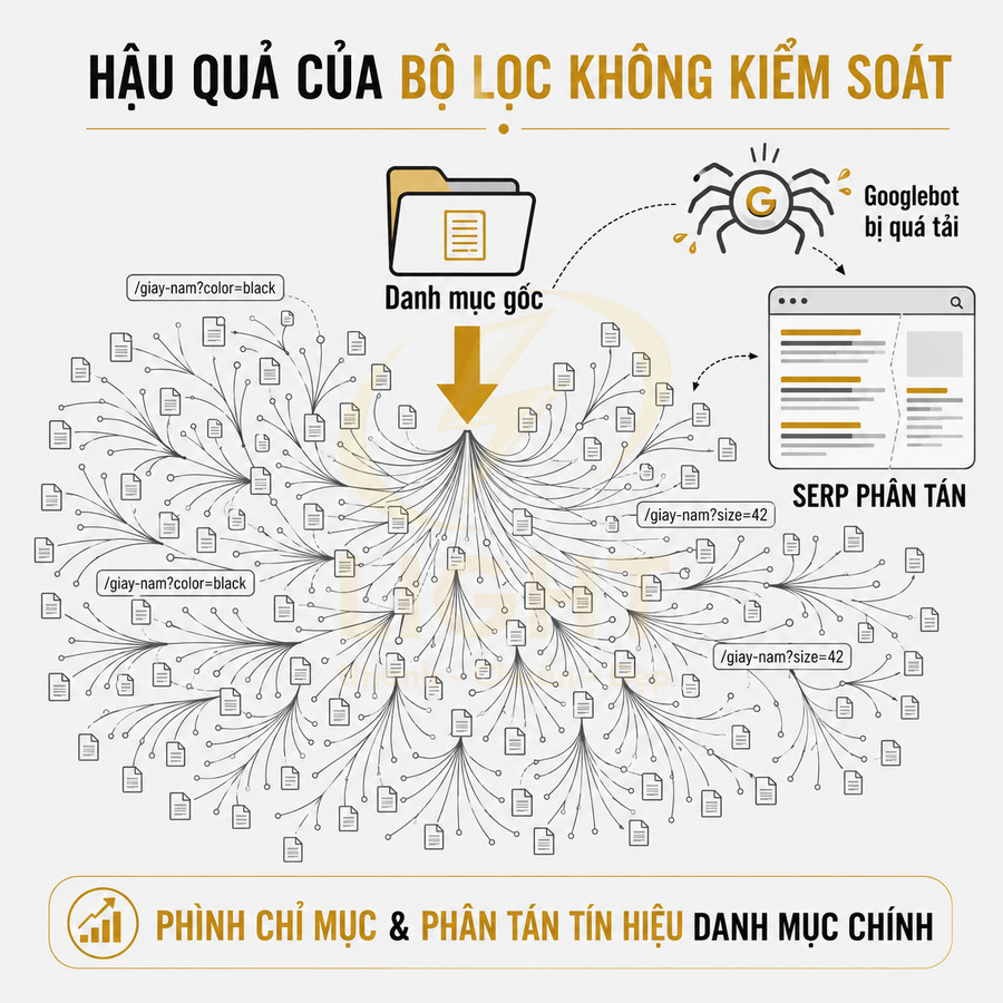 Minh họa hậu quả bộ lọc không kiểm soát gây phình chỉ mục và phân tán tín hiệu SEO danh mục website