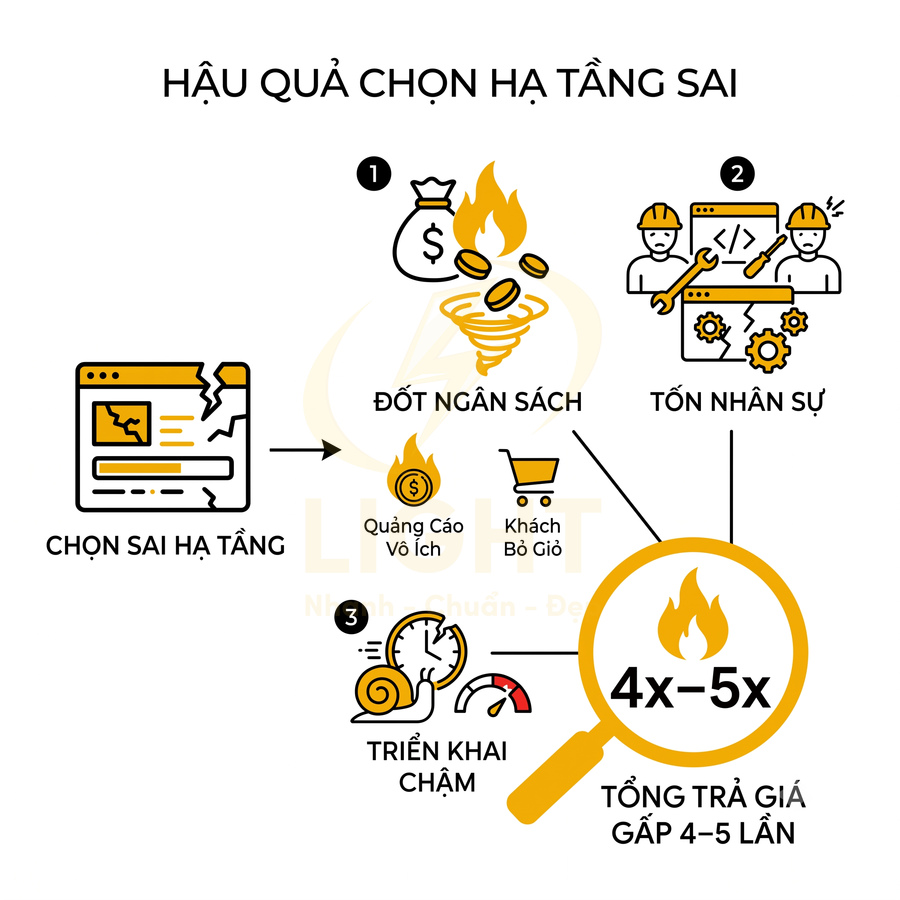 Infographic hậu quả chọn sai hạ tầng website đốt ngân sách tốn nhân sự triển khai chậm tổng chi phí tăng 4 5 lần