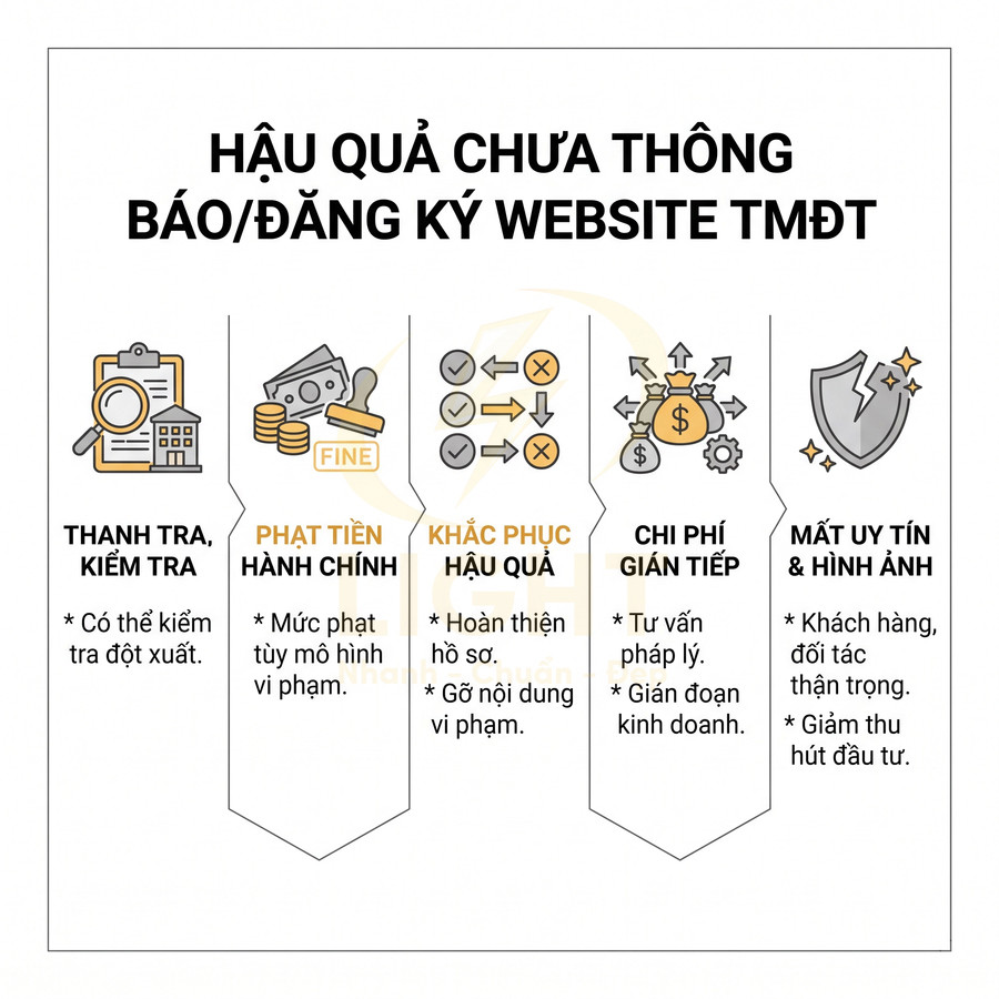 Hậu quả chưa thông báo đăng ký website TMĐT gồm thanh tra, phạt tiền, khắc phục, chi phí gián tiếp và mất uy tín