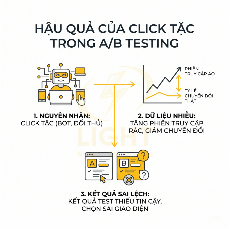 Hậu quả của click tặc trong A/B testing gây dữ liệu ảo, giảm chuyển đổi và làm sai lệch kết quả test