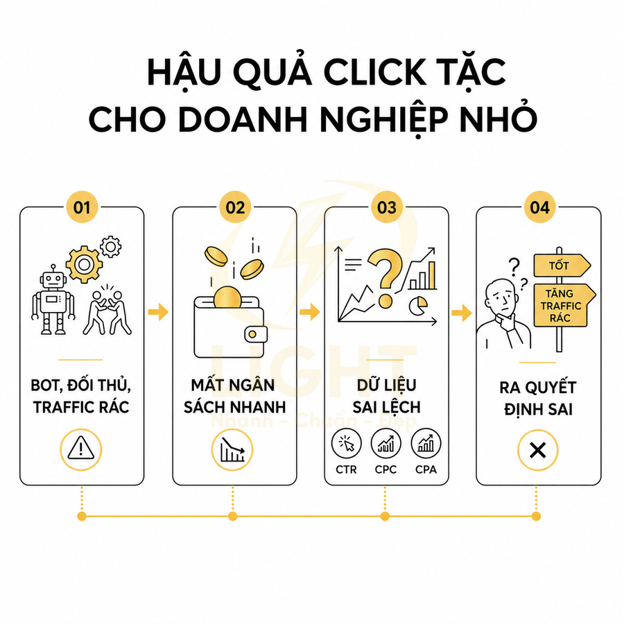 Infographic hậu quả click tặc cho doanh nghiệp nhỏ gồm 4 bước từ bot traffic rác đến quyết định sai