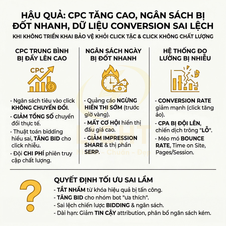 Infographic hậu quả click tặc trong quảng cáo CPC: CPC tăng, ngân sách đốt nhanh, dữ liệu đo lường và tối ưu sai lệch