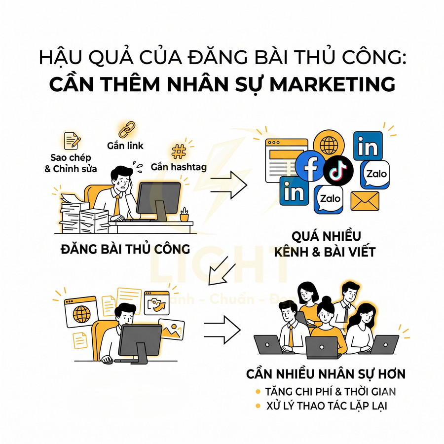 Infographic mô tả hậu quả đăng bài marketing thủ công trên nhiều kênh mạng xã hội cần thêm nhân sự