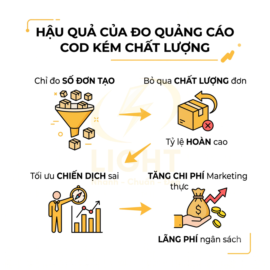 Hậu quả đo quảng cáo COD kém chất lượng gây tối ưu chiến dịch sai và lãng phí ngân sách marketing