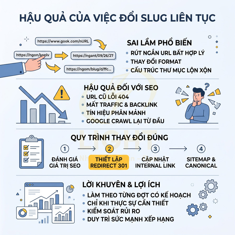 Infographic hậu quả đổi slug liên tục và quy trình redirect 301 chuẩn SEO cho website