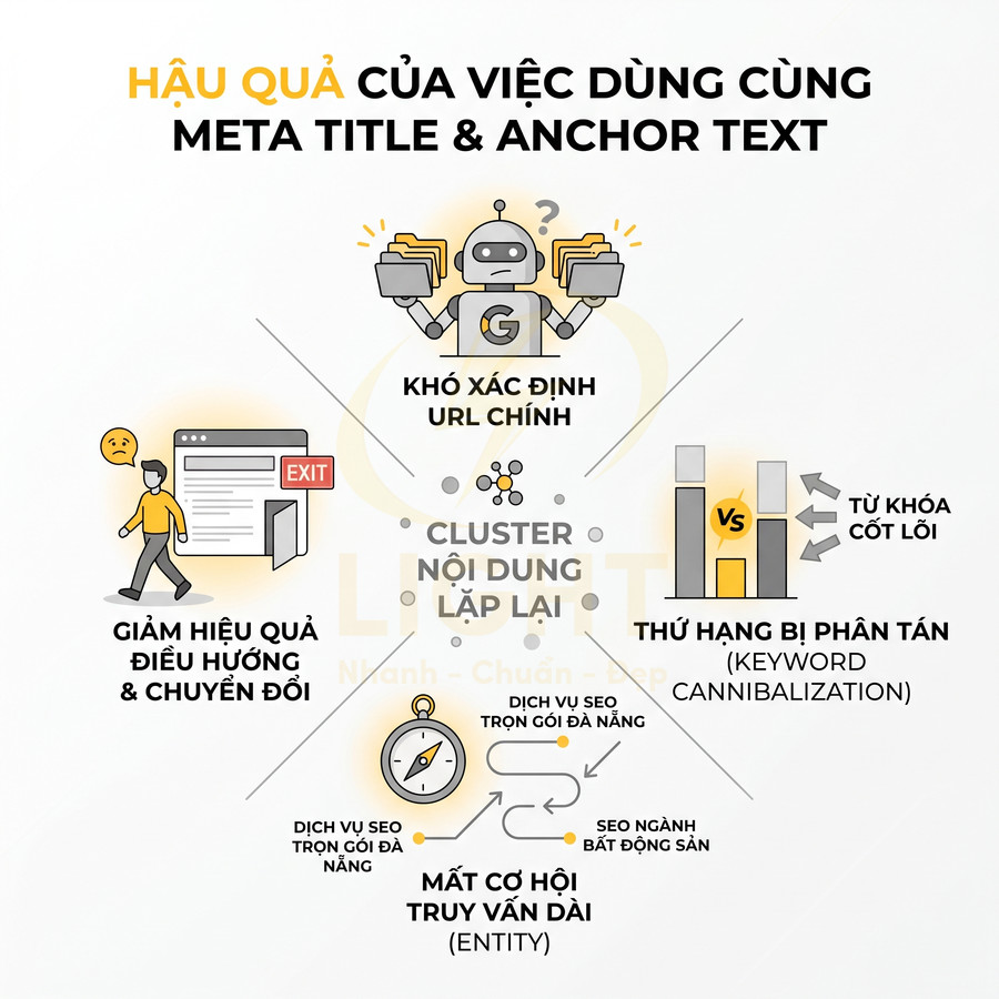 Hậu quả dùng cùng meta title và anchor text trong SEO với các vấn đề phân tán thứ hạng, trùng lặp nội dung