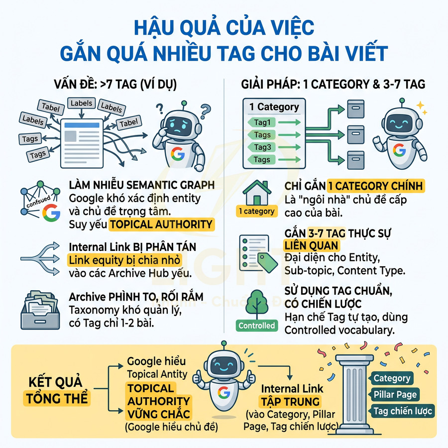 Infographic hậu quả gắn quá nhiều tag cho bài viết và giải pháp dùng 1 category, 3-7 tag liên quan để tối ưu SEO
