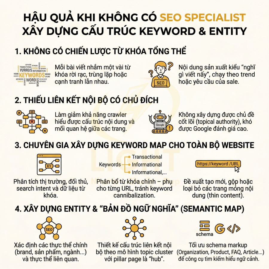 Infographic hậu quả khi không có SEO specialist xây dựng cấu trúc keyword và entity cho website