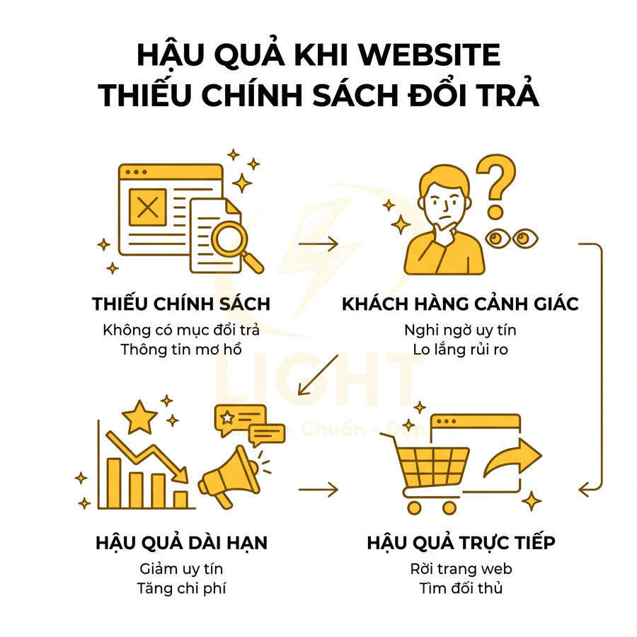 Infographic hậu quả khi website thiếu chính sách đổi trả, khách hàng cảnh giác, rời web và giảm uy tín doanh nghiệp