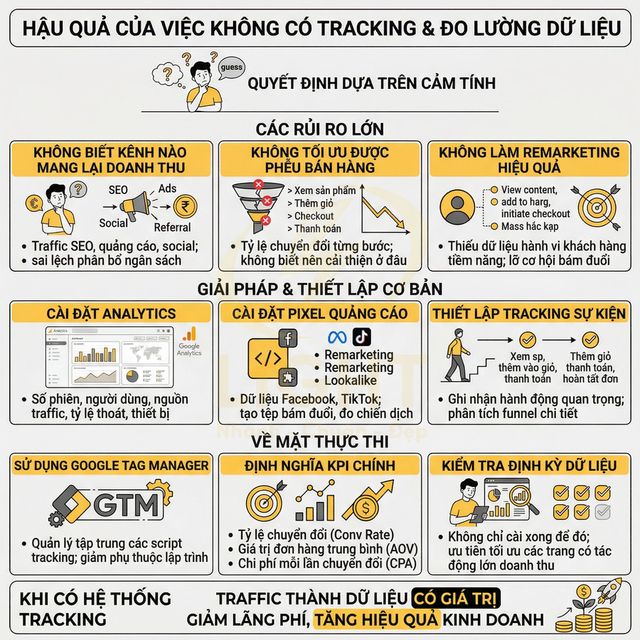 Infographic hậu quả không có tracking đo lường dữ liệu và giải pháp thiết lập hệ thống tracking marketing