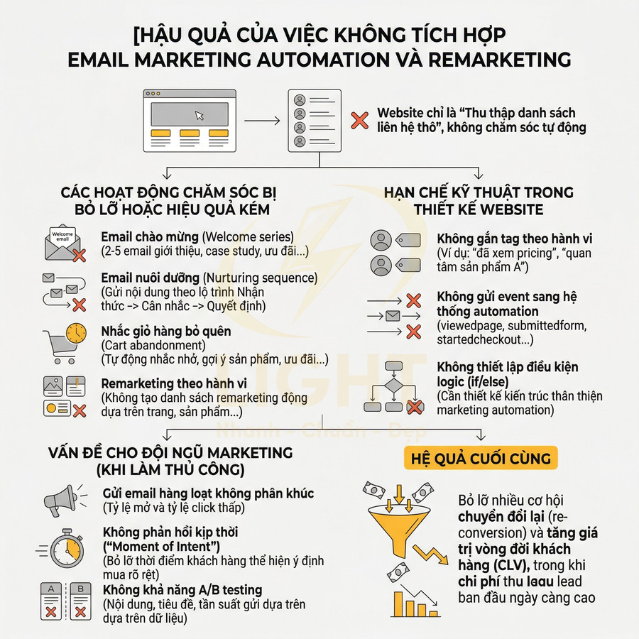 Infographic hậu quả không dùng email marketing automation và remarketing, liệt kê vấn đề và mất cơ hội chuyển đổi khách hàng