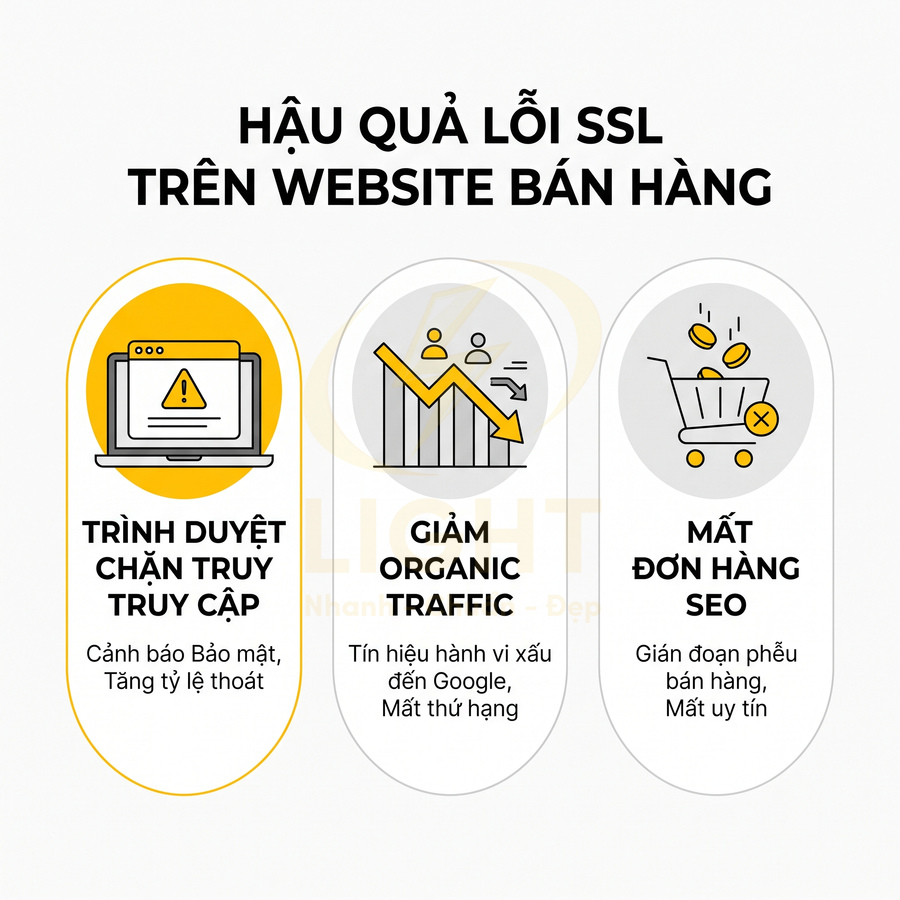 Hậu quả lỗi SSL trên website bán hàng với các rủi ro chặn truy cập, giảm organic traffic và mất đơn hàng SEO