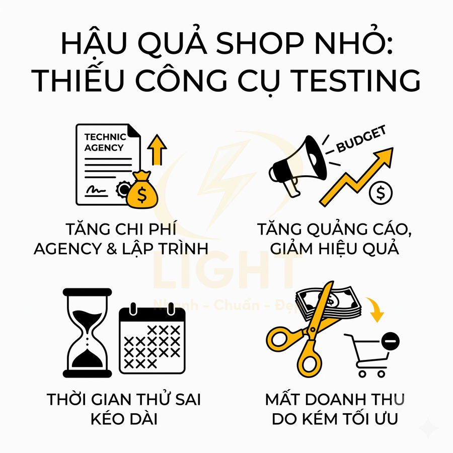 Hậu quả shop nhỏ thiếu công cụ testing với chi phí tăng, quảng cáo kém hiệu quả và mất doanh thu