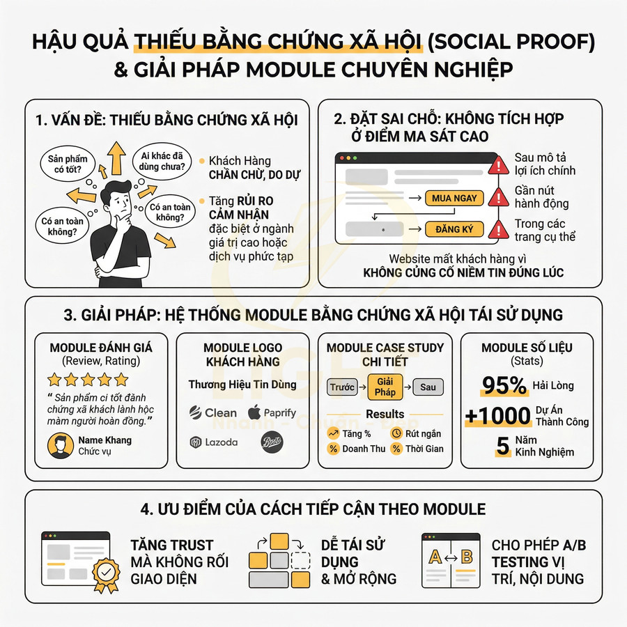 Infographic giải pháp module bằng chứng xã hội social proof tăng uy tín website với đánh giá khách hàng logo thương hiệu và số liệu thống kê