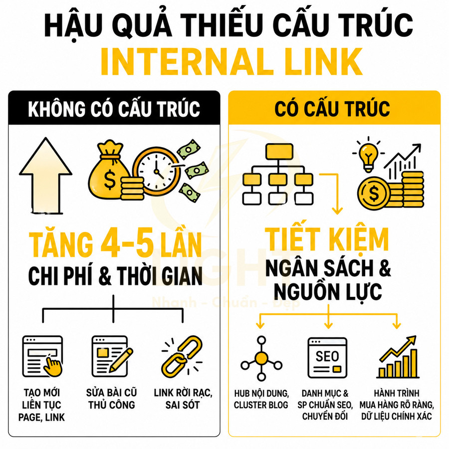 So sánh hậu quả thiếu cấu trúc internal link và lợi ích khi tối ưu internal link trong SEO