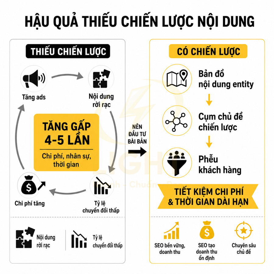 So sánh hậu quả thiếu chiến lược nội dung và lợi ích khi có chiến lược nội dung chuẩn SEO
