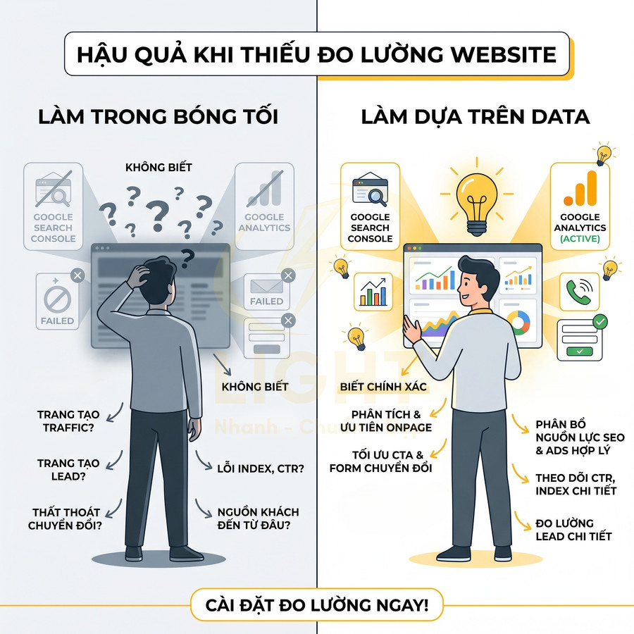 So sánh làm marketing website không đo lường và có đo lường bằng Google Analytics, Google Search Console