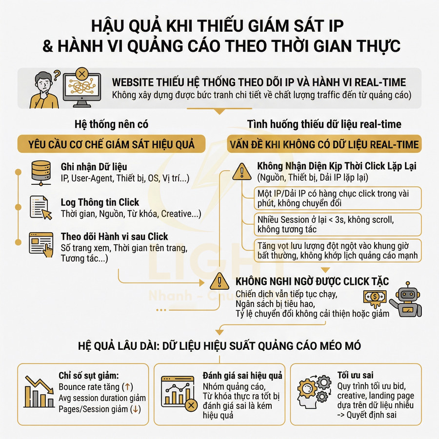 Infographic hậu quả thiếu giám sát IP và hành vi real time trong quảng cáo, nêu yêu cầu hệ thống và rủi ro click tặc