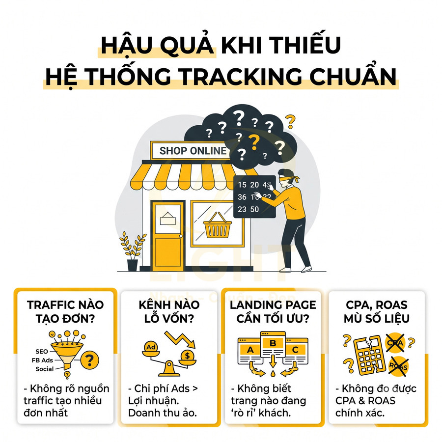 Minh họa shop online rối loạn số liệu vì thiếu hệ thống tracking chuẩn, không biết nguồn traffic và hiệu quả quảng cáo