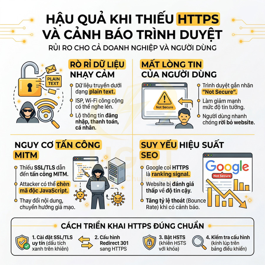 Infographic hậu quả thiếu HTTPS, rò rỉ dữ liệu, mất lòng tin, suy yếu SEO và cách triển khai HTTPS đúng chuẩn