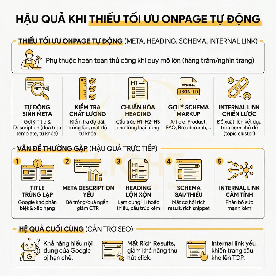 Hậu quả khi thiếu tối ưu onpage tự động trong SEO: meta, heading, schema, internal link và tác động tiêu cực