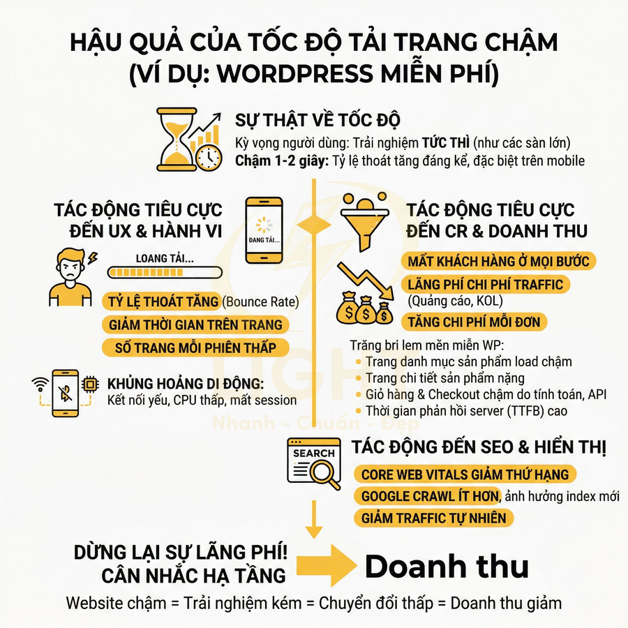 Infographic hậu quả tốc độ tải trang chậm trên website WordPress miễn phí đến UX, SEO và doanh thu
