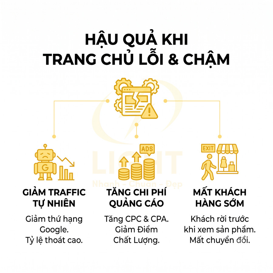 Hậu quả trang chủ website lỗi và chậm làm giảm traffic tự nhiên, tăng chi phí quảng cáo và mất khách hàng sớm
