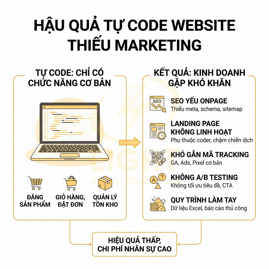 Hậu quả tự code website thiếu marketing với chức năng cơ bản, SEO yếu và hiệu quả kinh doanh thấp