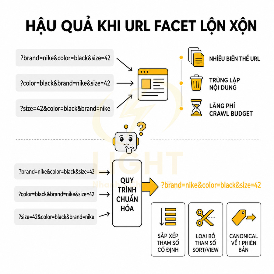 Minh họa hậu quả URL facet lộn xộn và quy trình chuẩn hóa tham số để tối ưu SEO website