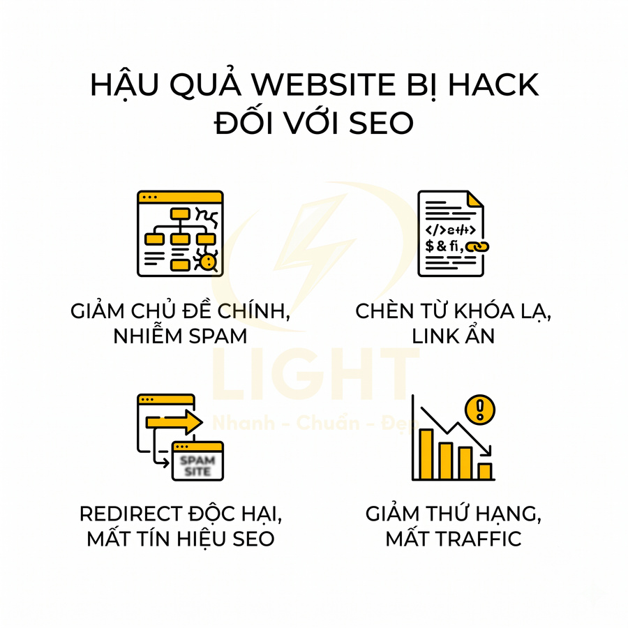 Hậu quả website bị hack đối với SEO gồm nhiễm spam, chèn từ khóa lạ, redirect độc hại và giảm thứ hạng traffic