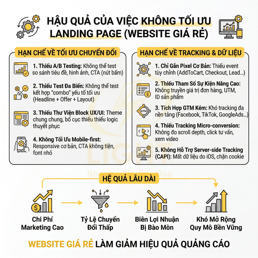 Infographic hậu quả không tối ưu landing page website giá rẻ làm giảm hiệu quả quảng cáo và chuyển đổi
