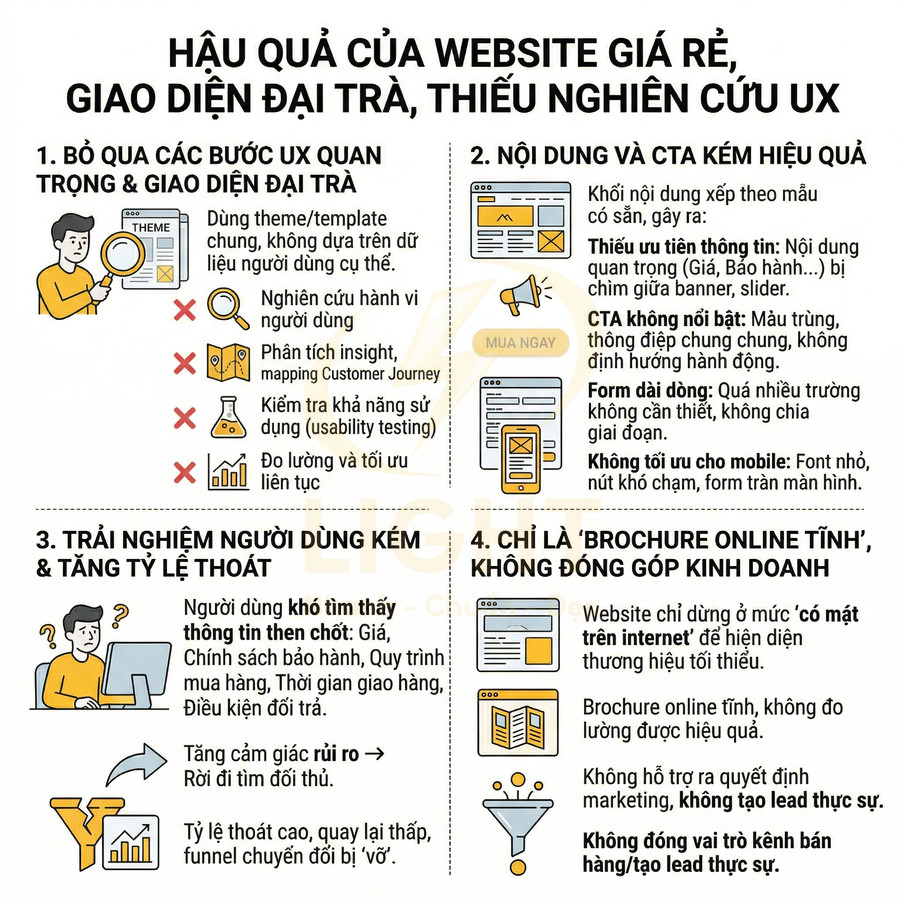 Infographic hậu quả của website giá rẻ, giao diện đại trà, thiếu nghiên cứu UX cho trải nghiệm người dùng và chuyển đổi kém