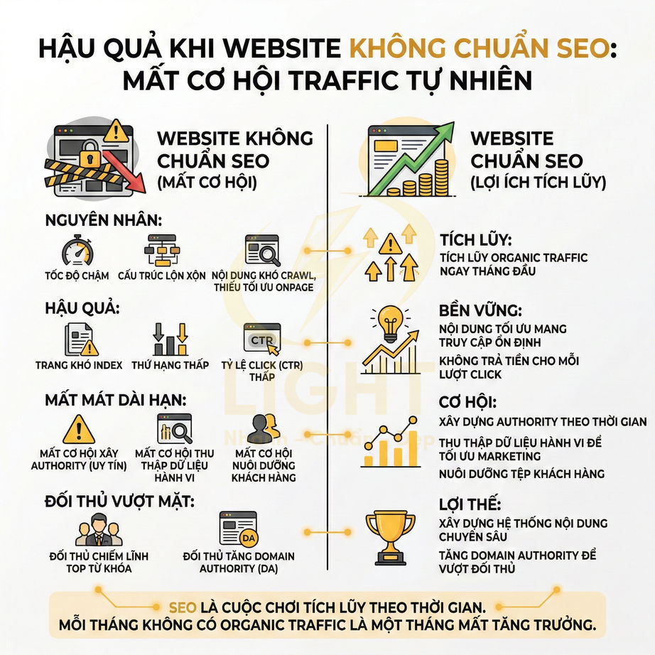 So sánh website chuẩn SEO và không chuẩn SEO với các nguyên nhân, hậu quả và lợi ích traffic tự nhiên