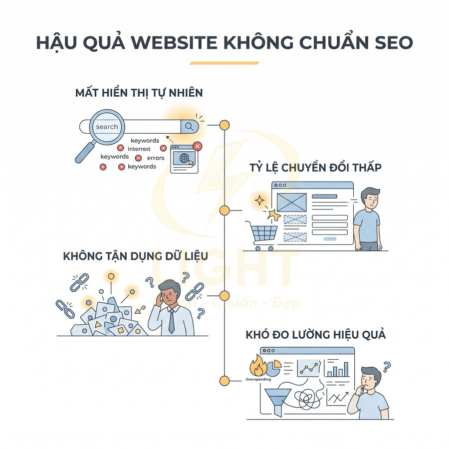 Hậu quả website không chuẩn SEO mất hiển thị tự nhiên tỷ lệ chuyển đổi thấp khó đo lường hiệu quả