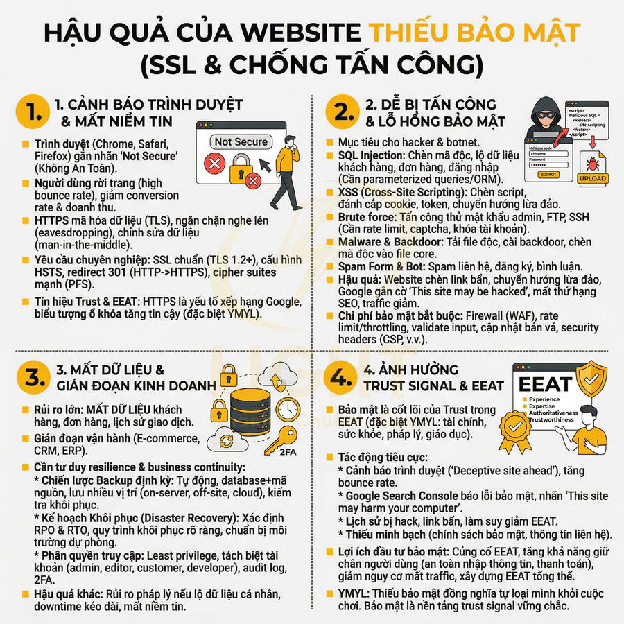 Infographic hậu quả website thiếu bảo mật SSL, dễ bị tấn công, mất dữ liệu và giảm trust signal EEAT