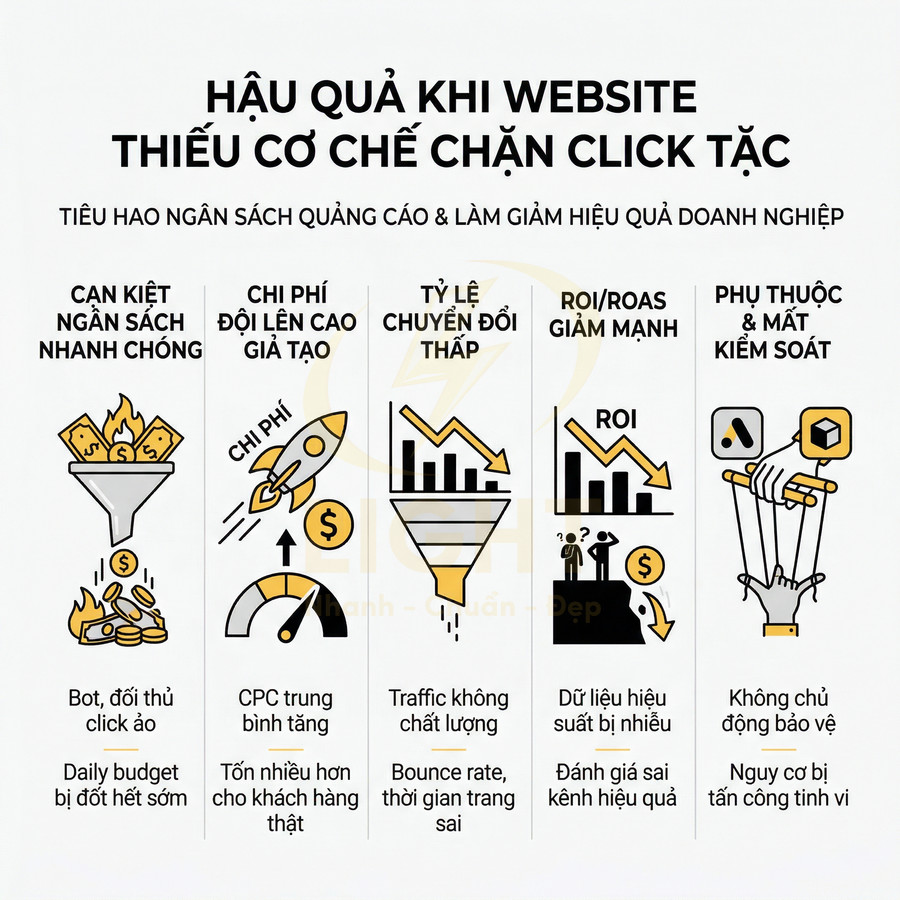 Hậu quả website thiếu chặn click tặc làm tăng chi phí quảng cáo, giảm chuyển đổi và ROI, mất kiểm soát chiến dịch