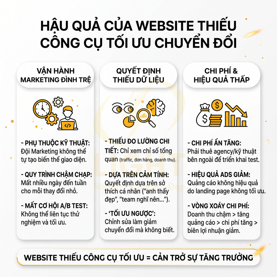 Infographic hậu quả website thiếu công cụ tối ưu chuyển đổi về marketing, dữ liệu, chi phí và hiệu quả quảng cáo