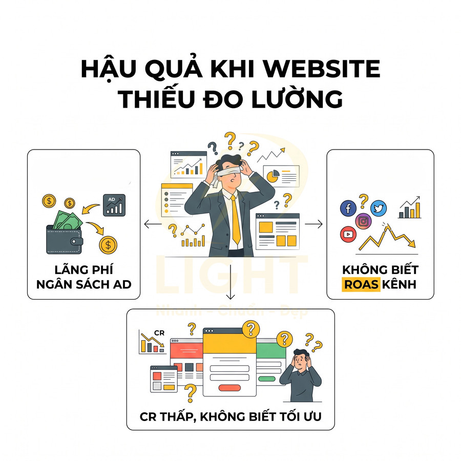 Minh họa hậu quả khi website thiếu đo lường: lãng phí ngân sách quảng cáo, không biết ROAS kênh, CR thấp khó tối ưu