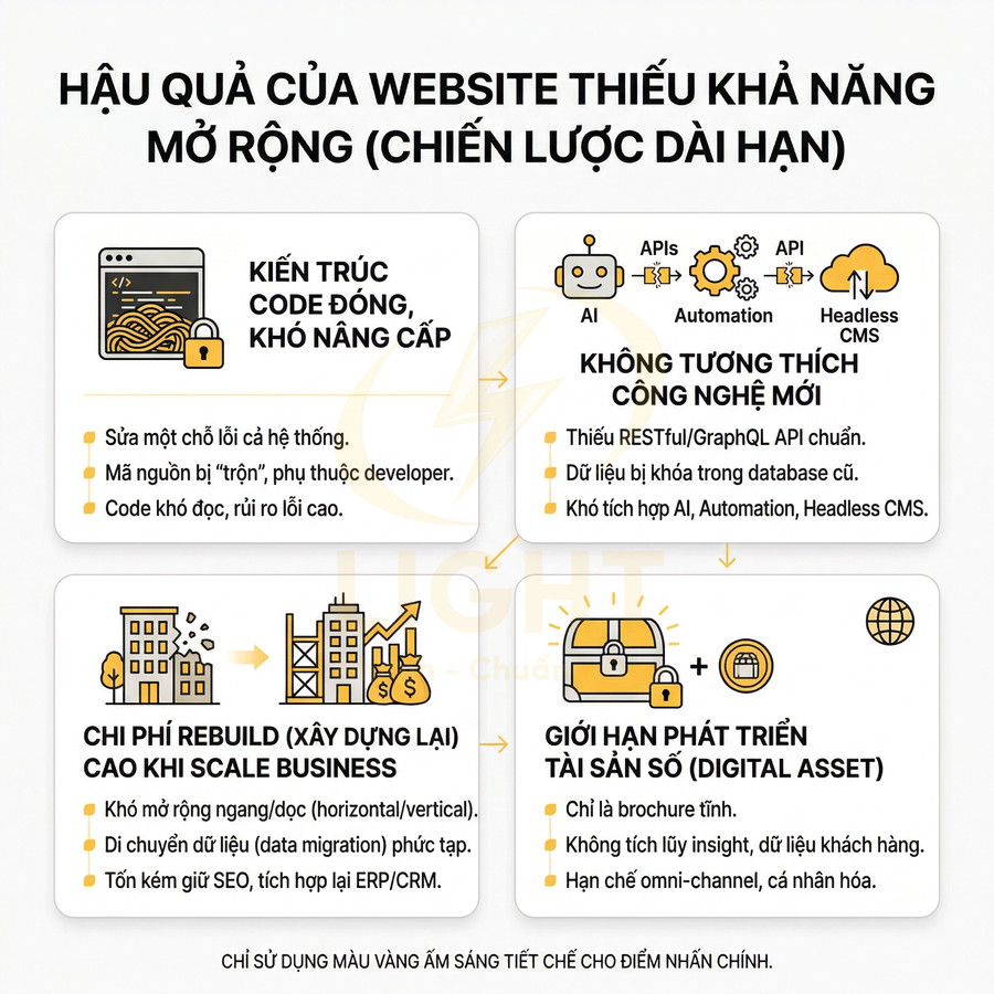 Infographic hậu quả website thiếu khả năng mở rộng với các vấn đề kiến trúc code, công nghệ mới, chi phí rebuild và giới hạn digital asset