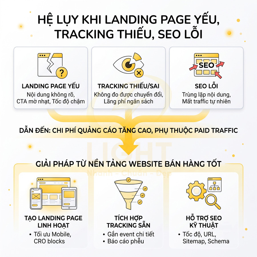 Infographic giải thích hệ lụy landing page yếu, tracking thiếu, SEO lỗi và giải pháp tối ưu website bán hàng
