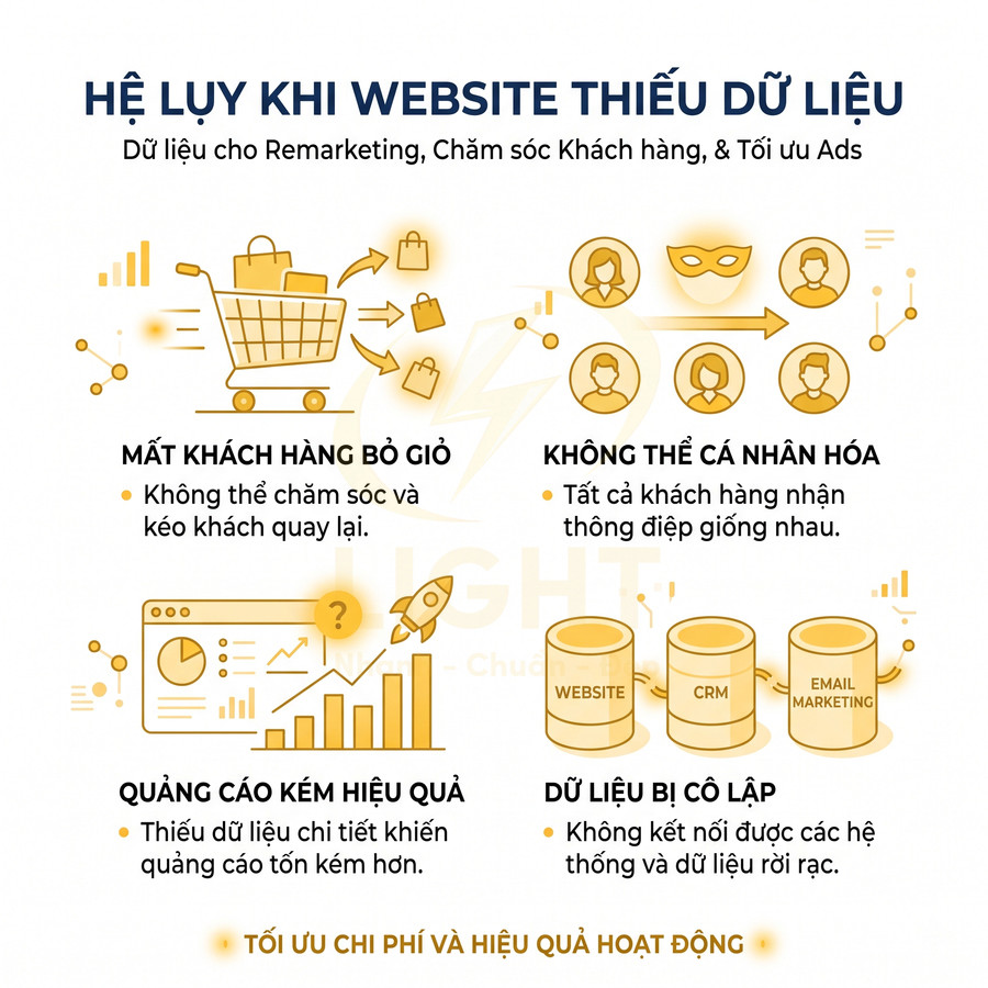 Infographic hệ lụy khi website thiếu dữ liệu cho remarketing chăm sóc khách hàng và tối ưu quảng cáo