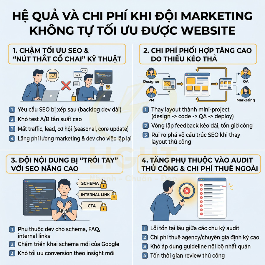 Infographic hệ quả và chi phí khi đội marketing không tự tối ưu được website và SEO