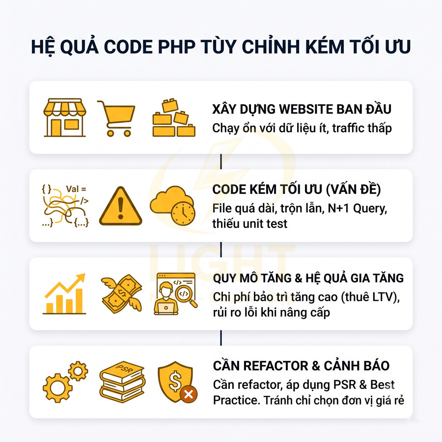 Infographic quy trình hệ quả code PHP tùy chỉnh kém tối ưu và nhu cầu refactor, tối ưu website