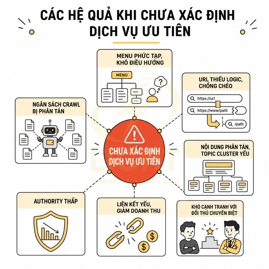Các hệ quả SEO khi chưa xác định dịch vụ ưu tiên như menu phức tạp, URL thiếu logic, nội dung phân tán
