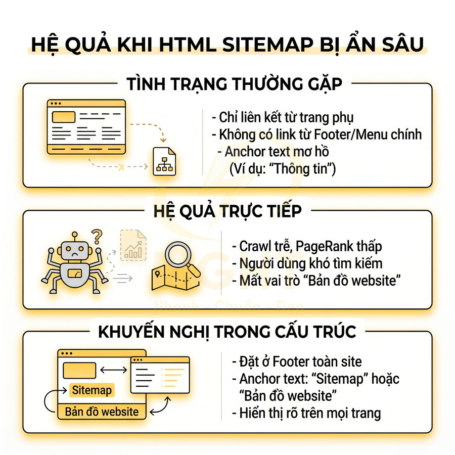 Infographic giải thích hệ quả khi HTML sitemap bị ẩn sâu và khuyến nghị tối ưu cấu trúc sitemap cho SEO