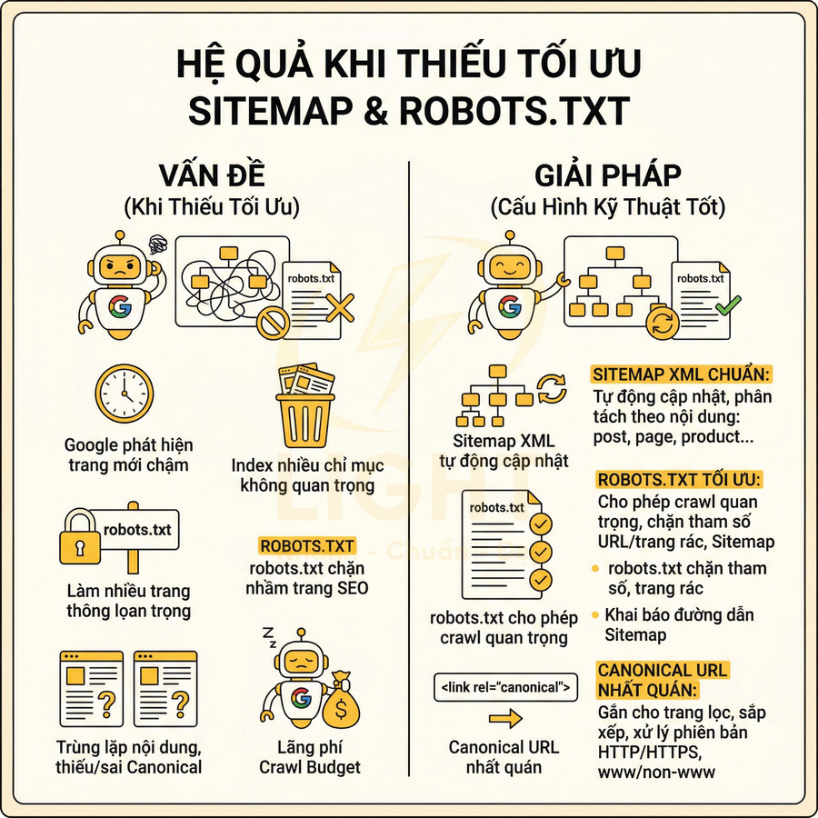 Infographic hậu quả thiếu tối ưu sitemap và robots.txt và giải pháp cấu hình SEO kỹ thuật tốt