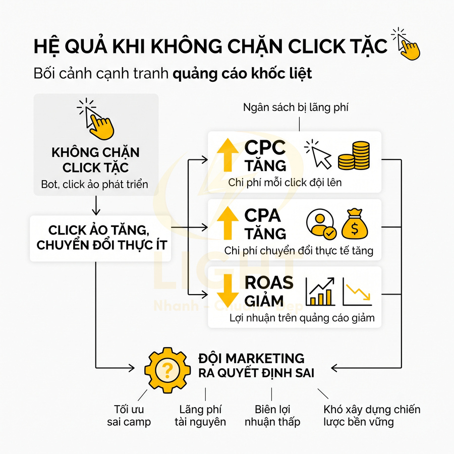 Hệ quả không chặn click tặc trong quảng cáo online làm tăng CPC CPA giảm ROAS và khiến đội marketing quyết định sai