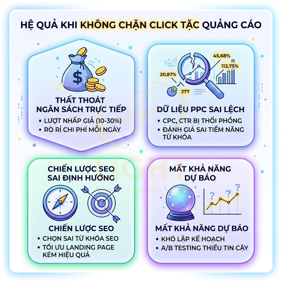 Infographic hậu quả không chặn click tặc quảng cáo với thất thoát ngân sách, dữ liệu PPC sai lệch, chiến lược SEO sai hướng