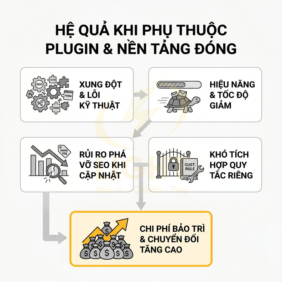 Hệ quả phụ thuộc plugin và nền tảng đóng: xung đột kỹ thuật, giảm tốc độ, rủi ro SEO, khó tùy biến, chi phí bảo trì tăng