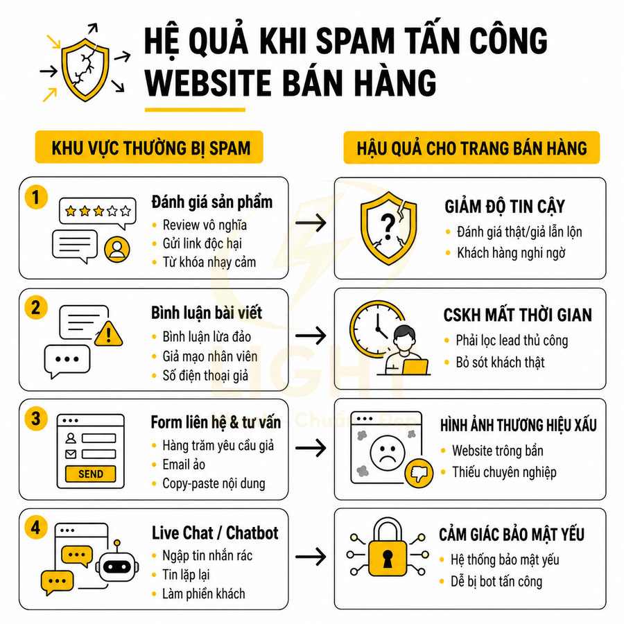 Infographic hậu quả spam tấn công website bán hàng, liệt kê khu vực thường bị spam và tác hại cho doanh nghiệp
